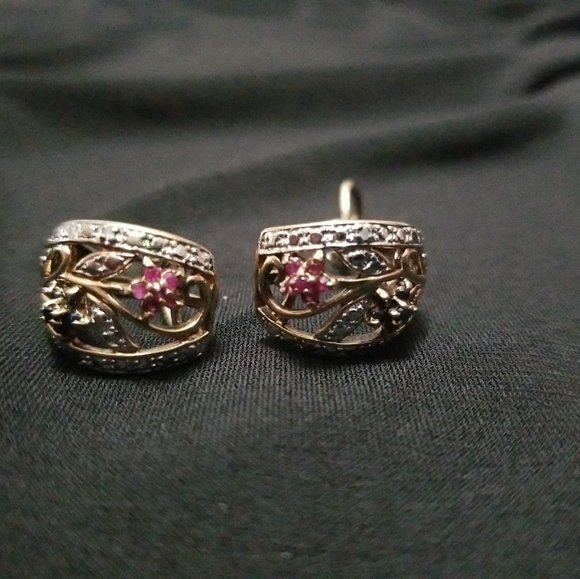 .925 silver with gold overlay Sapphire, Ruby and diamond earrings - Picture 3 of 7